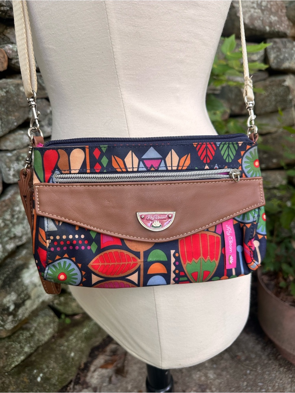 Lily Bloom Navy Floral Geometric Crossbody with Brown Trim